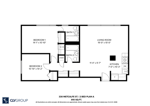 Floor plan for 2 beds, 2 baths, 1 sqft